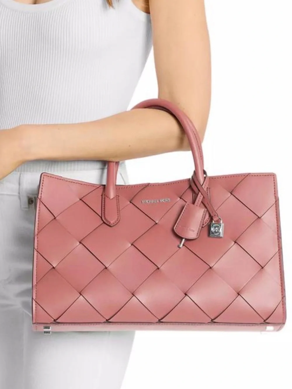 Michael Kors Rose Pink Woven Leather Satchel with Strap